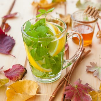 Cup of fresh tea with mint and lemon