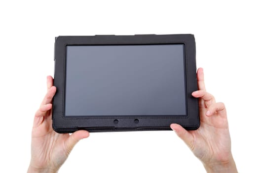 businesswoman showing a tablet pc, isolated