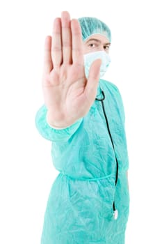 young male doctor going stop with his hand, isolated