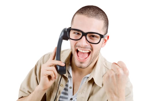 young man with a phone, isolated on white