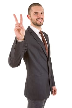young business man winning, isolated on white