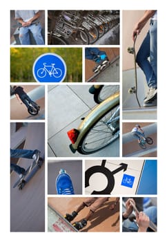Rollers, bikes and road signs on a collage