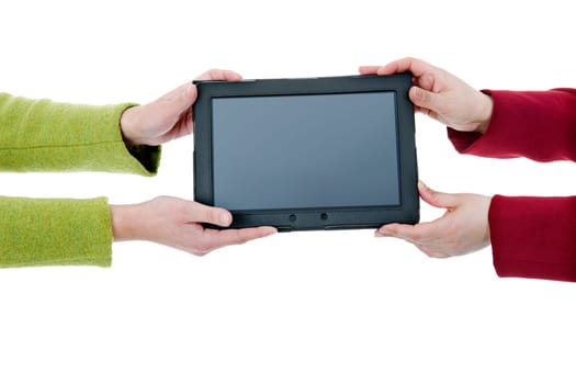 Two women with a digital tablet, isoated, detail