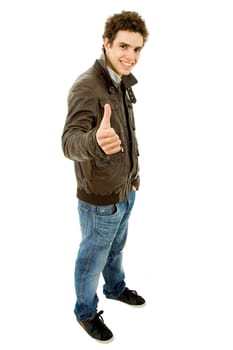 young casual man going thumb up in a white background