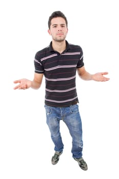young casual man full body waiting, in a white background