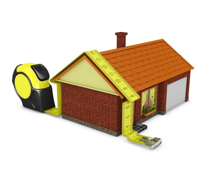 Measuring tape bends around contours of the house