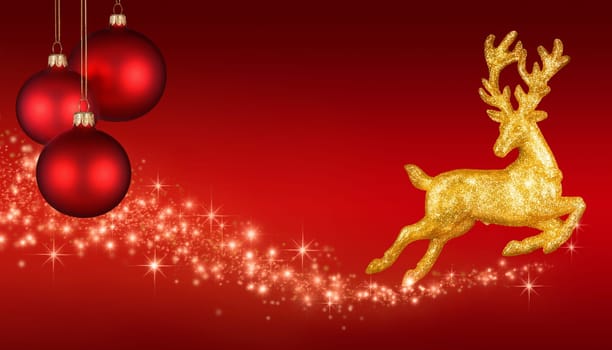 Red Christmas background with baubles and a gold reindeer leaving a star trail behind