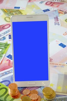 White smartphone with empty display on Euro banknotes