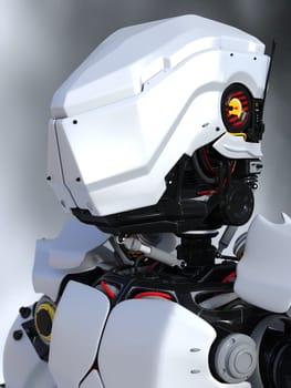 A portrait of a futuristic robot. Gray background