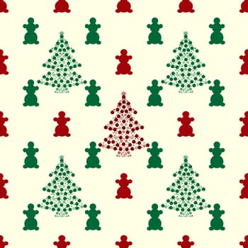 Christmas tree and snowmen red green. Holiday vector background seamless pattern