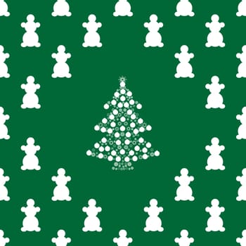 White snowmen and Christmas tree on green background. Holiday vector seamless pattern