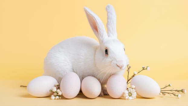 White fluffy rabbit sits on yellow isolated background among traditional eggs symbolizing the holiday. High quality photo