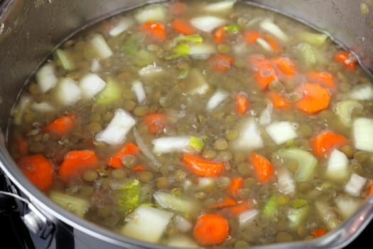 Green lentils, carrots, celery, onions and water in a small stainless steel pan just starting to cook on a stove..