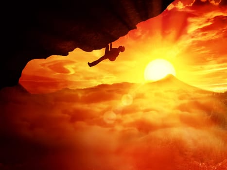 Beautiful background with an alpinist trying climb a mount over the clouds sunset