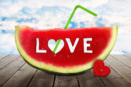Fresh juicy watermelon slice with love letters on it
