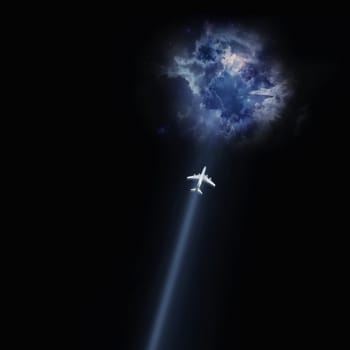 Airplane trying to fly through a hole in the night sky