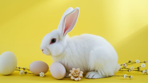 White fluffy rabbit sits on yellow isolated background among traditional eggs symbolizing the holiday. High quality photo