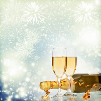Glasses with champagne and bottle over sparkling holiday background