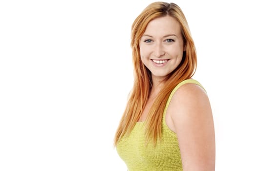 Smiling caucasian female model over white
