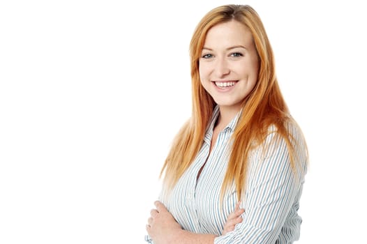 Happy young lady posing over white