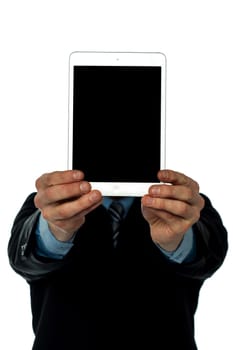 Guy displaying new tablet to camera
