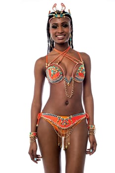 Pretty samba dancer posing over white