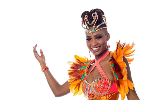 Samba dancer in action, white background.