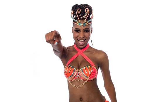 Samba dancer pointing at the camera