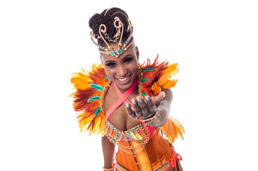 Beautiful female dancer inviting you to dance with her