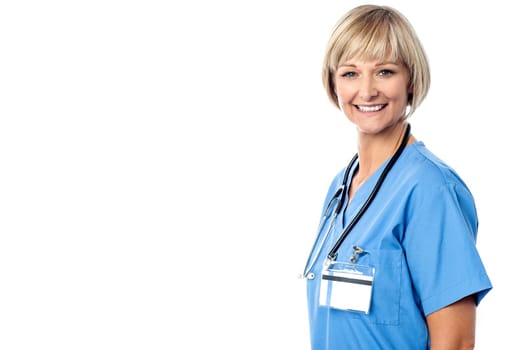 Female doctor posing over white