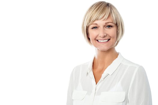 Smiling pretty lady posing over white