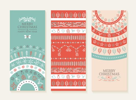Merry christmas happy new year set of banners and seamless pattern with holiday doodle elements. Ideal for web, social media or xmas card design. EPS10 vector.