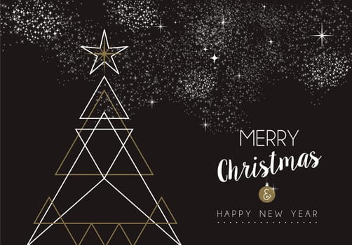 Merry christmas happy new year pine tree design in art deco outline style. Ideal for xmas greeting card or holiday poster. EPS10 vector.