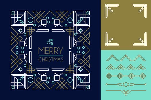 Merry christmas mono line set of frames and lettering elements in abstract art deco style. Ideal for making your own xmas greeting card. EPS10 vector.   .