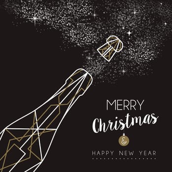 Merry christmas happy new year champagne bottle design in art deco outline style. Ideal for xmas greeting card or holiday poster. EPS10 vector.