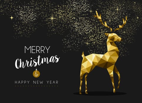 Merry christmas happy new year fancy gold deer shape in hipster origami style. Ideal for xmas card or elegant holiday party invitation. EPS10 vector.
