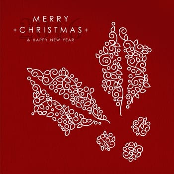 Merry christmas and happy new year art deco holly flower made in outline monogram style with simple xmas ornaments. Ideal for holiday card, poster, or party invitation. EPS10 vector.