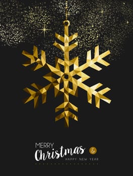 Merry christmas happy new year fancy gold winter snowflake shape in hipster origami style. Ideal for xmas card or elegant holiday party invitation. EPS10 vector.