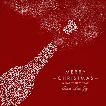 Merry christmas and happy new year art deco champagne wine bottle made in outline monogram style with simple xmas ornaments. Ideal for holiday card, poster, or party invitation. EPS10 vector.