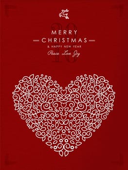 Merry christmas and happy new year art deco heart shape made in outline monogram style with simple xmas ornaments. Ideal for holiday card, poster, or party invitation. EPS10 vector.