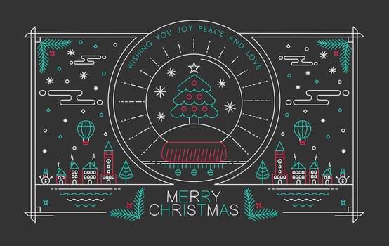 Merry Christmas outline style design with snow globe pine tree badge, city, holly and winter elements. Ideal for holiday poster or xmas greeting card. EPS10 vector.