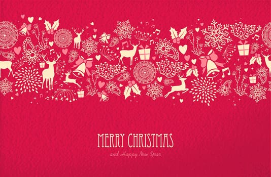 Merry christmas happy new year seamless pattern design on red texture background with deer, nature, and holiday elements. Ideal for xmas greeting card. EPS10 vector.