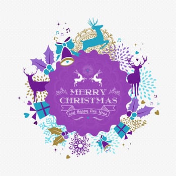 Merry christmas happy new year design with vintage reindeer label and holiday elements. Ideal for xmas greeting card or party invitation. EPS10 vector.
