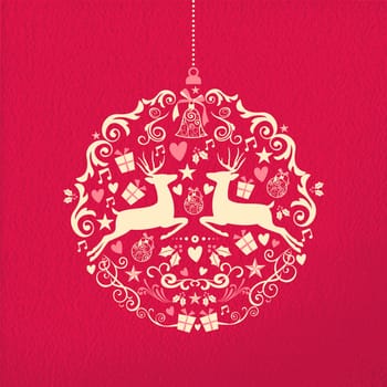 Merry christmas happy new year ornament ball shape on red paper texture background with deer and vintage elements. Ideal for xmas greeting card or holiday party invitation. EPS10 vector.