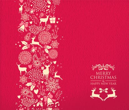 Merry christmas happy new year seamless pattern design on red texture background with deer and holiday elements. Ideal for xmas greeting card. EPS10 vector.