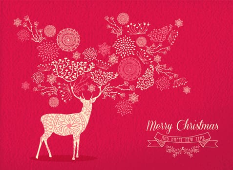 Merry christmas happy new year deer design on red texture background with nature elements and label. Ideal for holiday greeting card. EPS10 vector.       .