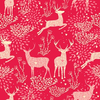 Christmas seamless pattern with deer and nature elements on red background. Ideal for xmas card design, holiday wrapping paper or print. EPS10 vector.