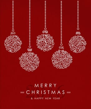 Merry christmas and happy new year art deco bauble decoration set in outline monogram style with simple xmas ornaments. Ideal for holiday card, poster, or party invitation. EPS10 vector.