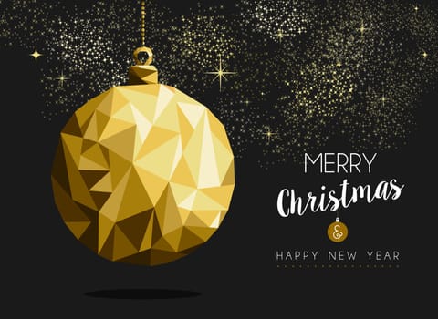 Merry christmas happy new year fancy gold ornament bauble shape in hipster origami style. Ideal for xmas card or elegant holiday party invitation. EPS10 vector.
