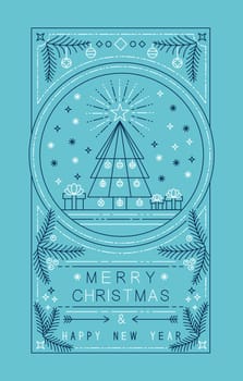 Merry Christmas happy New Year outline style design with holiday tree badge, holly, and xmas ornament decoration. Ideal for poster or greeting card. EPS10 vector.   .